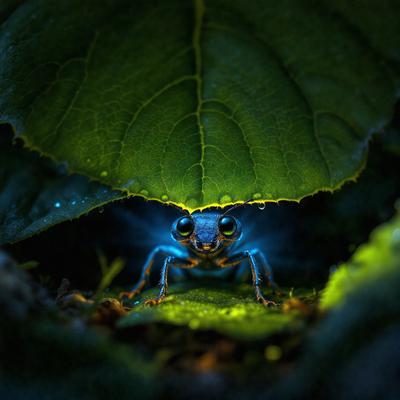 The primary subject of the image is a blue and yellow insect, likely a grasshopper, sitting under a leaf. The setting is a leafy green environment, with the insect surrounded by leaves and possibly a forest. The visual style is a close-up of the insect, showcasing its unique colors and features. The colors and mood of the image are vibrant and lively, with the blue and yellow insect standing out against the green background.
